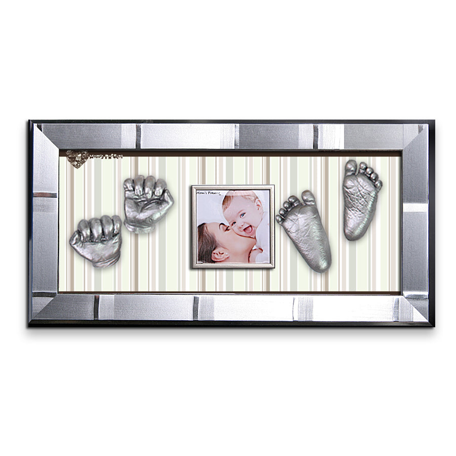 Momspresent baby handprint and footprint kit with SILVER Frame9 -pop-stripe